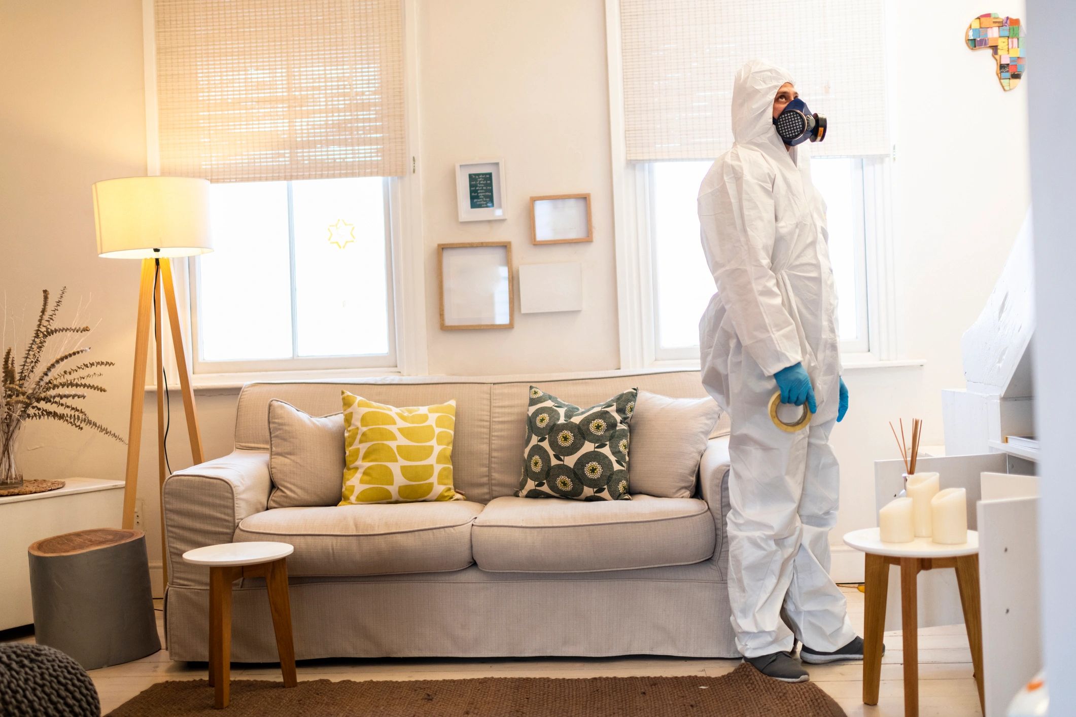 Pest control technician in protective gear during site inspection